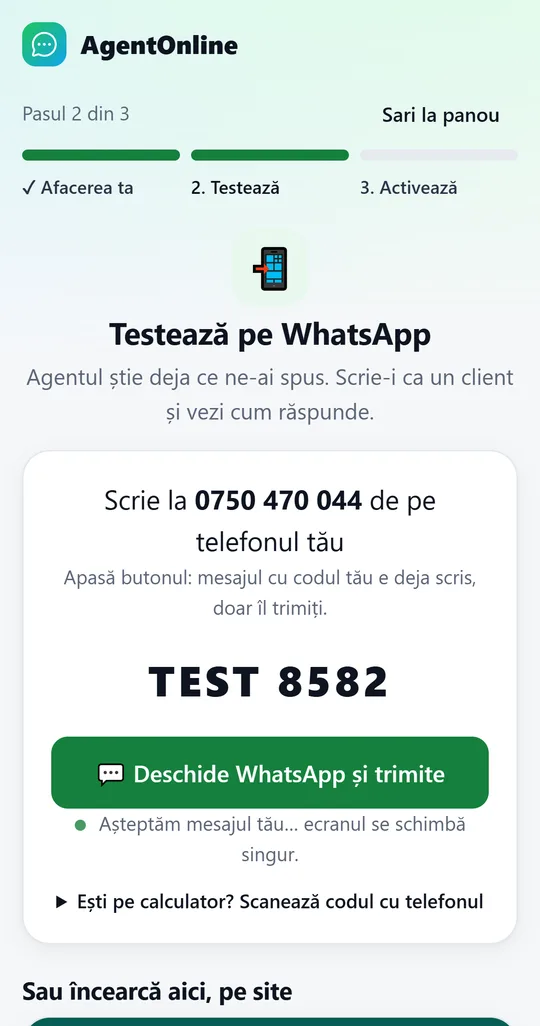 Captură din aplicație: pasul 2, codul de test și butonul care deschide WhatsApp