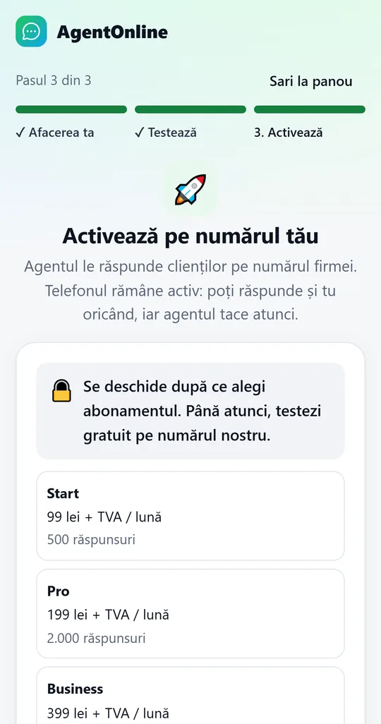 Captură din aplicație: pasul 3, activarea pe numărul firmei după alegerea abonamentului